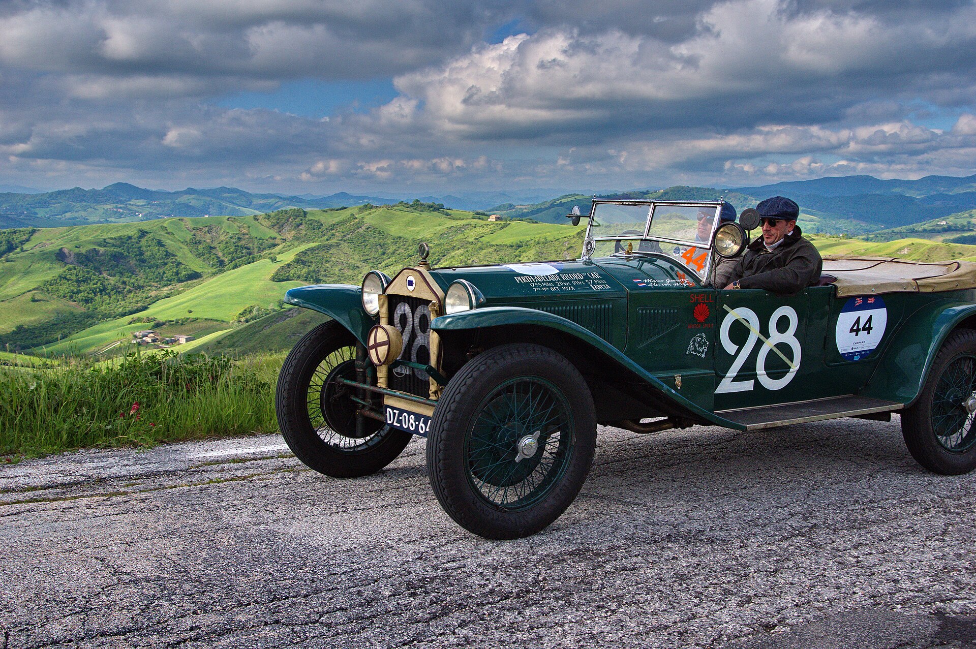 A 1928 Lancia Lambda Series VIII driving through the Marche hills during the 2019 Mille Miglia.