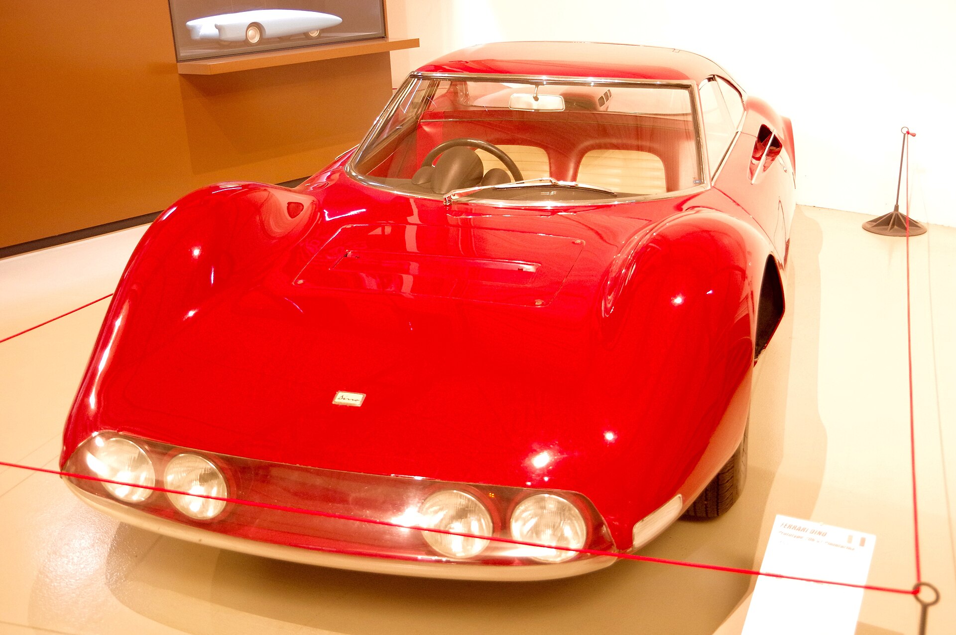 The Pininfarina Ferrari Dino 206 GT prototype displayed at the Le Mans museum.