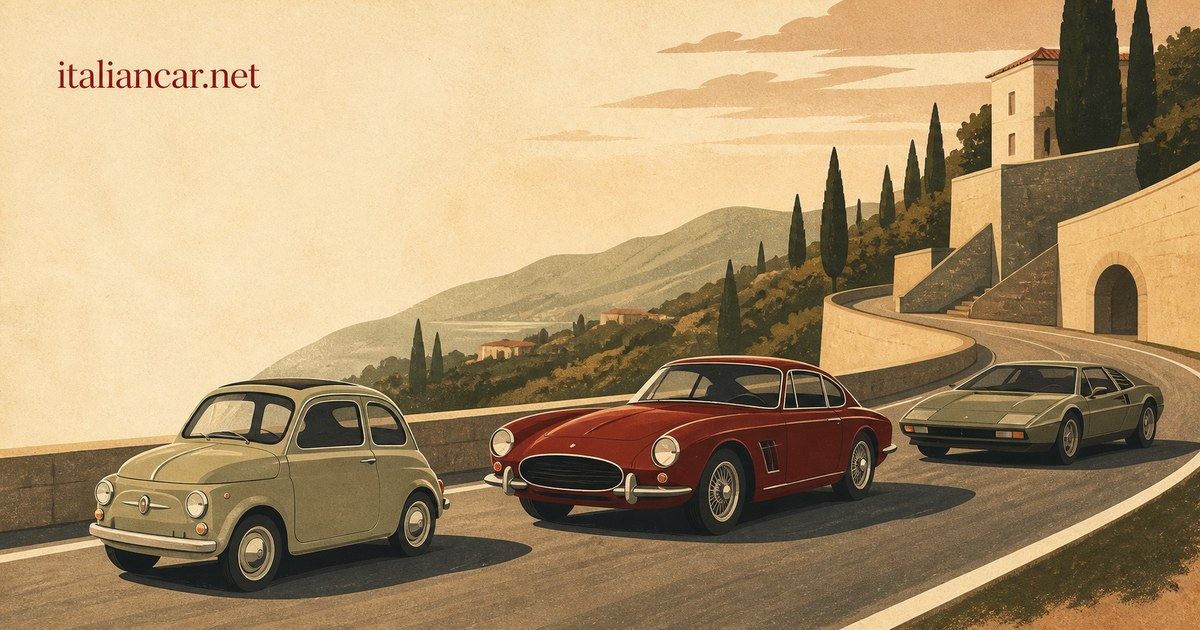 Poster-style illustration of three fictional Italian cars on a winding Italian hillside road